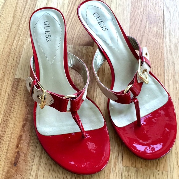 Guess Kitten Heel Red Patent Leather Sandals w/ Buckles Sz9.5 - Picture 4 of 7